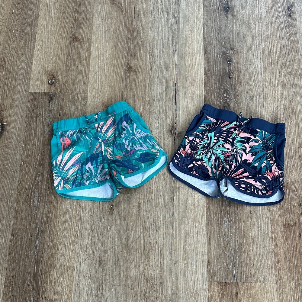 Columbia Tropical Palm Leaf Active Shorts Girls XXS 4/5 Teal Navy 2 Pack Bundle